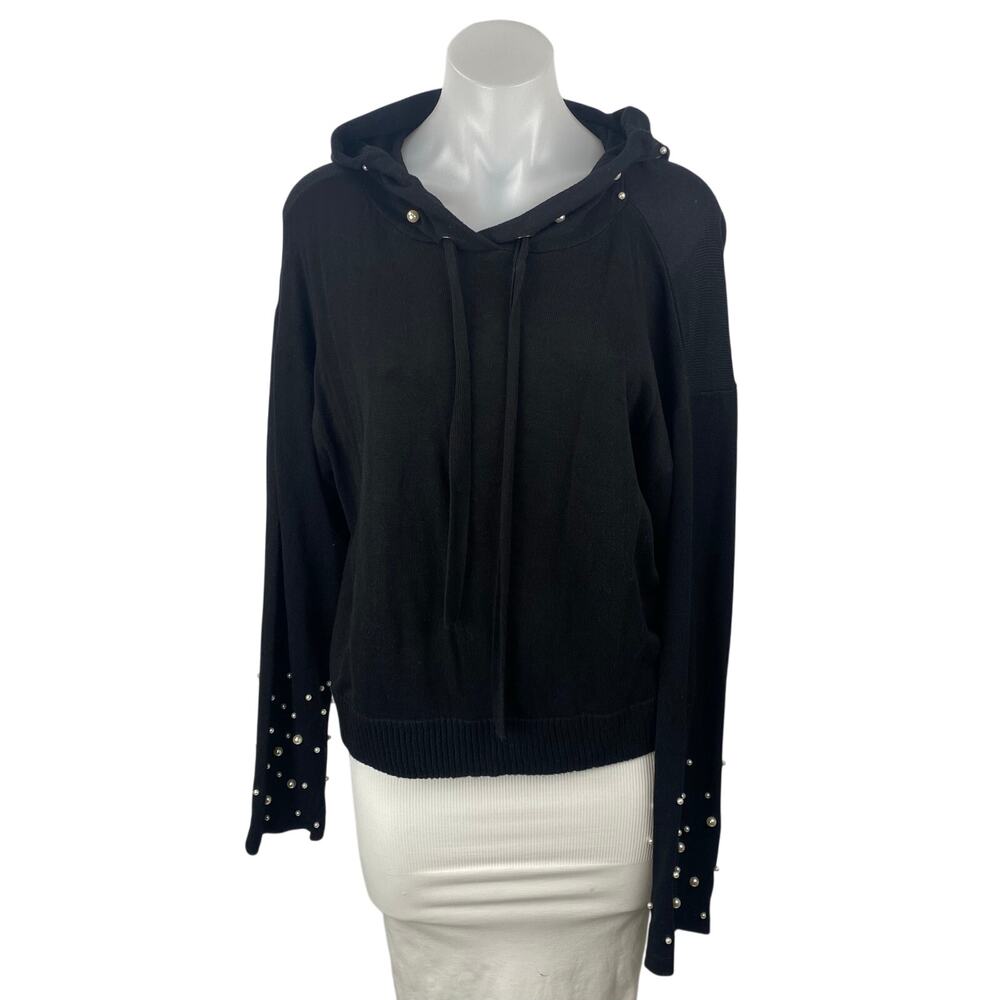 Elan Women's Black Pearl Beaded Long Sleeve Hoodie Hooded Sweatshirt Top SIze M
